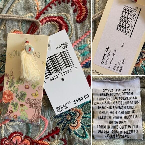 Johnny Was Tua Embroidered Knit Drape Top Grey‎ Size S - Picture 11 of 12